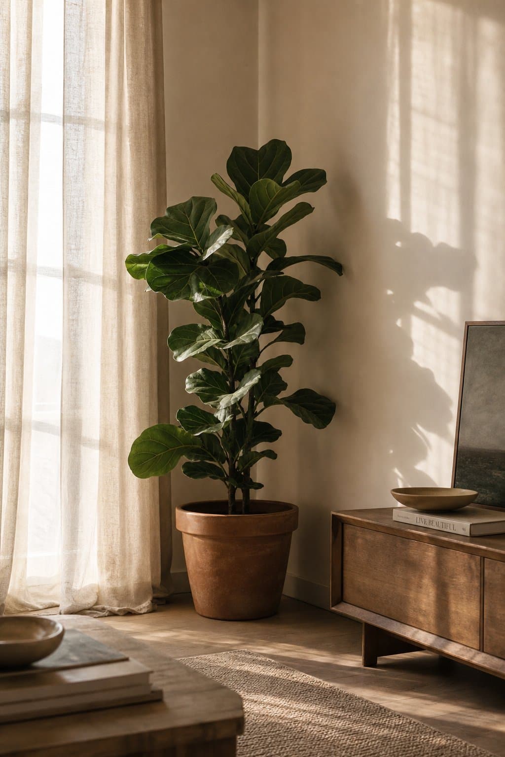 A fiddle leaf fig plant in golden light by a window with linen curtains