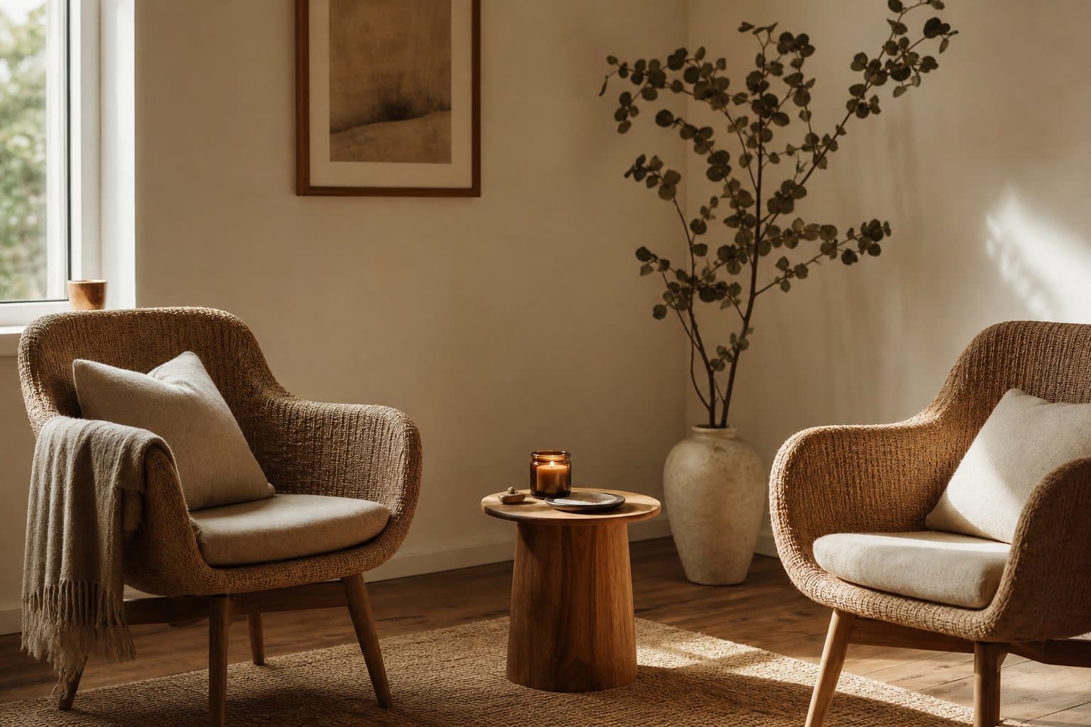 A warm, sunlit room with woven chairs and a candle — a safe space for healing