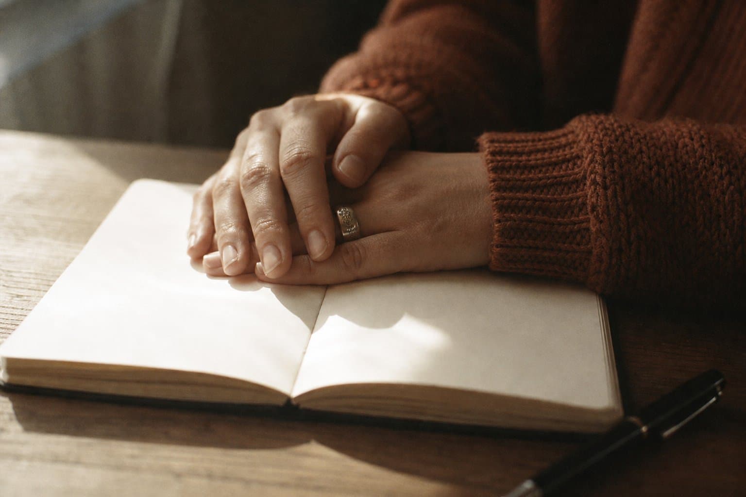 Hands resting on an open journal in warm light — a moment of reflection